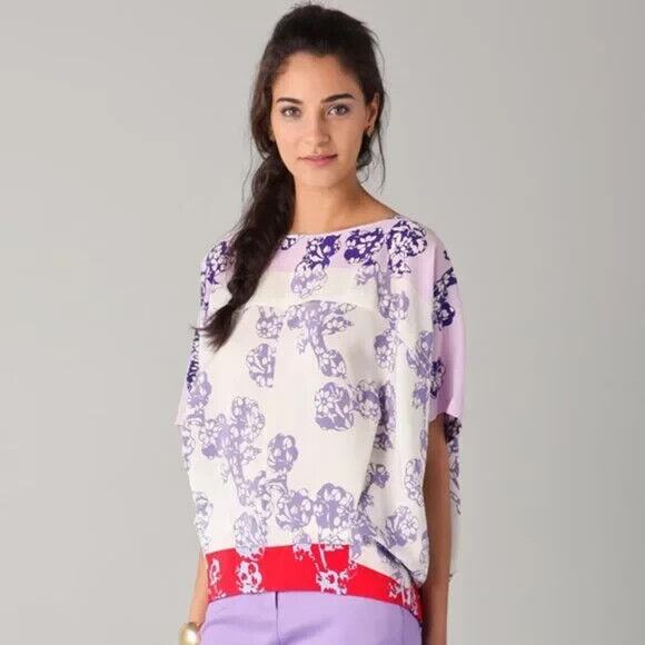 DVF Diane Von Furstenberg Silk Landy Blouson Blouse Top Floral Purple S - Picture 2 of 10